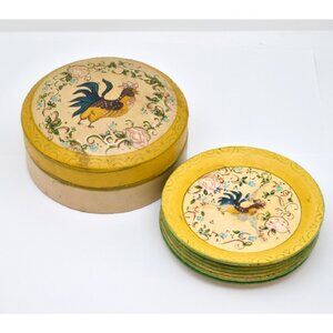 Vintage Hand Painted Paper Mache Coasters with Box, Roosters, Japan, 1940s(?)